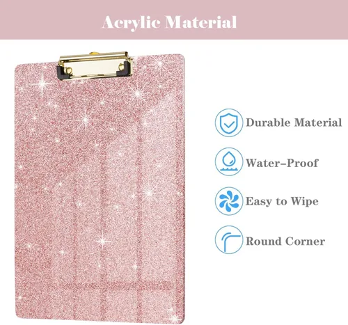 Miniatura 3 de Portapapeles acrílico, tablero rígido rosa con purpurina para mujeres y niñas, tablero de clip tamaño carta Stardard con clip dorado de perfil bajo