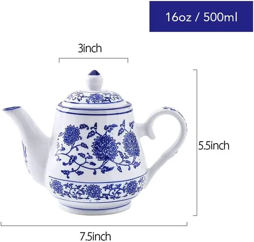 Miniatura 2 de Tetera pequeña de cerámica azul y blanca con tapa, 16.5 onzas
