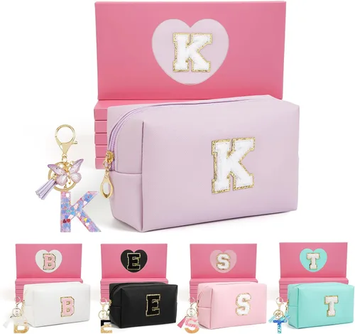 Miniatura 67 de AIBFRID 2 piezas de bolsas de maquillaje iniciales para mujeres, regalos de cumpleaños para niñas de 4 5 6 7 8 9 10 11 12 años, bolsas de cosméticos