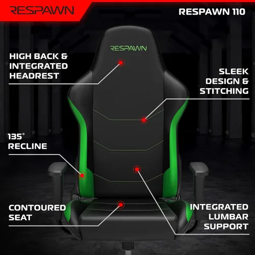 Miniatura 3 de Respawn Silla ergonómica 110 para juegos, silla giratoria reclinable para videojuegos de oficina con soporte lumbar, reposacabezas, resistente, Verde