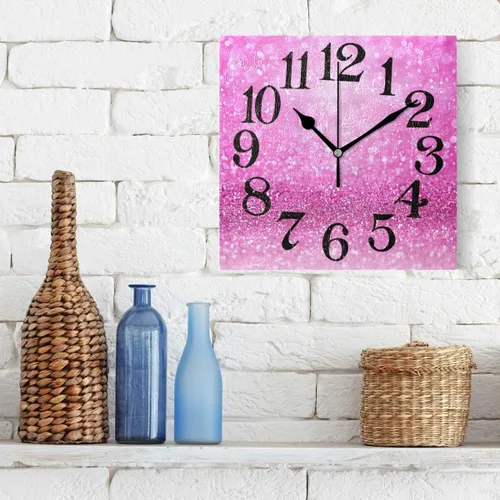 Miniatura 3 de Naanle Reloj de pared acrílico con estampado de purpurina rosa brillante, diseño de princesa para niña, redondo, cuadrado, diamante, pintura al