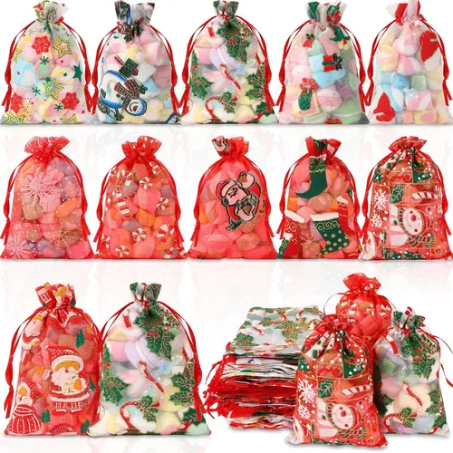 DTOFOOT Bolsas de organza de Navidad, bolsas de regalo para joyas, 40 unidades de 4 x 6 pulgadas, pequeños copos de nieve de Papá Noel de Navidad