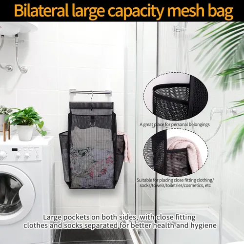 Miniatura 6 de Cesta colgante plegable de malla transpirable, bolsa de almacenamiento portátil de secado rápido que ahorra espacio, cesta de lavandería para Negro