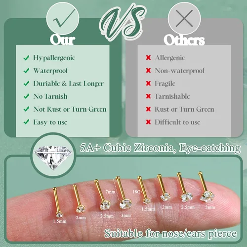 Miniatura 2 de Jstyle Anillos de nariz hipoalergénicos de acero inoxidable quirúrgico de 0.61 oz y 0.78 onzas (0.63 oz), 0.71 oz, circonita cúbica, piercing