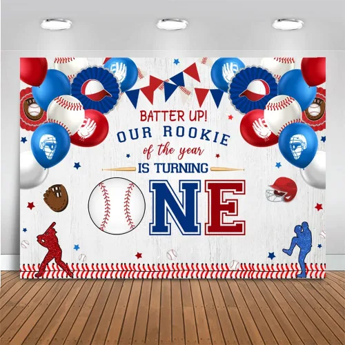 Miniatura 3 de Mocsicka Telón de fondo de béisbol para el primer cumpleaños para niño con texto en inglés "My Rookie Year", decoración de fiesta de béisbol novato