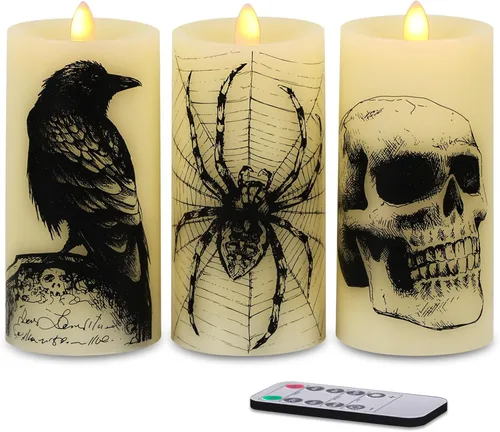 Miniatura 15 de Eldnacele Velas LED sin llama parpadeantes de Halloween, funcionan con pilas, con temporizador de 6H, calcomanías de calavera, telaraña, cuervo