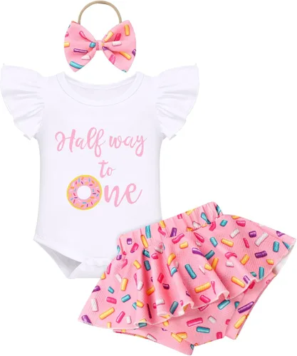Miniatura 9 de IMEKIS Traje de 1er cumpleaños para bebé niña con estampado de girasol y durazno + pantalones cortos con volantes + diadema para sesión de fotos