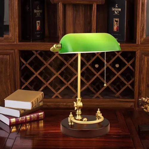 Miniatura 4 de Lámpara de mesa de cristal verde vintage con base de madera de mediados de siglo con cuerpo de hierro, lámpara de escritorio, antiguo banco