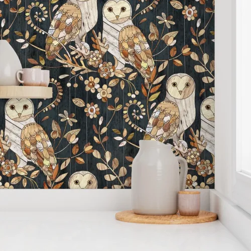 Miniatura 8 de Despegar y pegar papel tapiz Swatch – Collage de búhos grandes búhos madera naturaleza noche moderna casa de campo papel tapiz extraíble