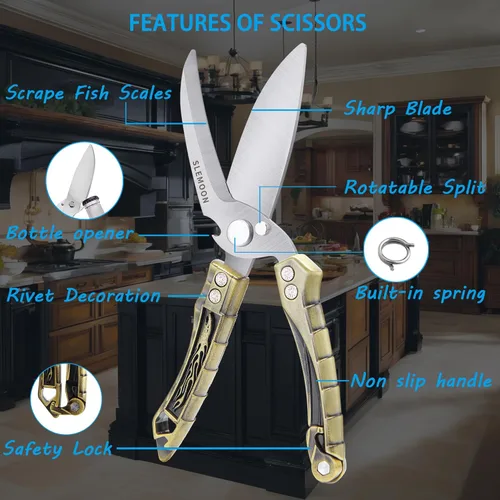 Miniatura 4 de Tijeras de cocina resistentes para huesos, pollo, pavo, carne, pescado y pizza, tijeras de cocina multiusos para alimentos, ideal para chef y cocina