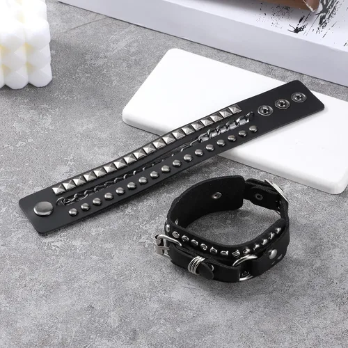 Miniatura 3 de Apausvcm 2 pulseras de piel sintética para hombres y mujeres, estilo vintage de los años 80, pulsera gótica ajustable negra con tachuelas