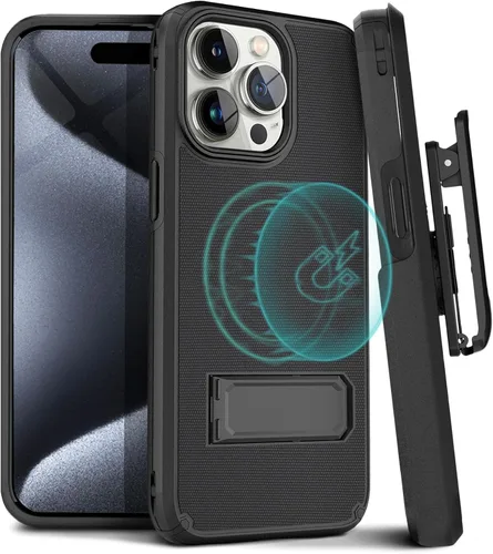 Miniatura 12 de MOTIVE Funda para iPhone 15 con clip para cinturón, magnética compatible con MagSafe, combo de funda de carcasa a prueba de golpes, funda para Negro