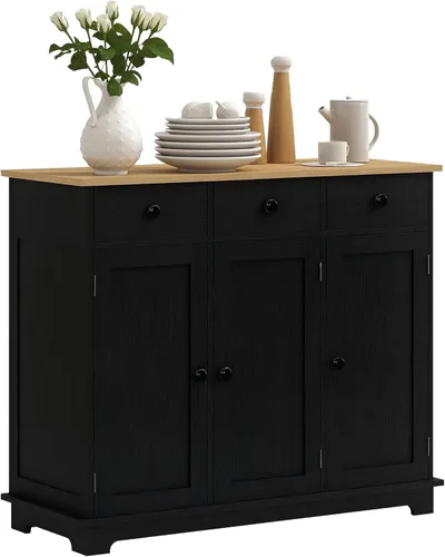 Miniatura 17 de HOMCOM Aparador de buffet con encimera de madera maciza, gabinete de almacenamiento de cocina moderno, gabinete de barra de café con 2 cajones, Negro