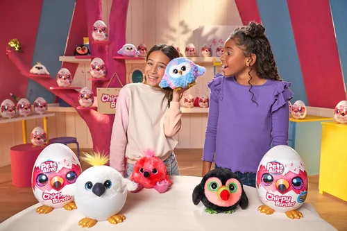 Miniatura 5 de Pets Alive Chirpy Birds (flamenco) de ZURU, mascota electrónica que habla, huevo sorpresa gigante, calcomanías, peine, arcilla esponjosa, peluche