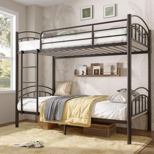 Miniatura 9 de Alohappy Base de cama individual sobre individual, convertible a 2 camas individuales separadas, marco de cama de metal con escalera extraíble