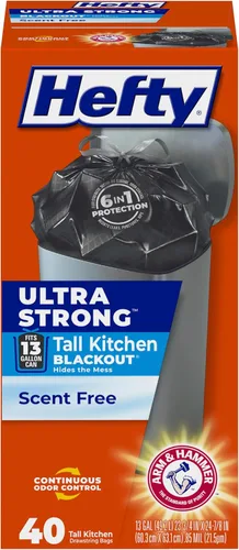 Hefty Bolsas de basura ultra fuertes de 13 galones, bolsas de basura negras altas para cocina, tamaño de 13 galones, cierre con cordón resistente a