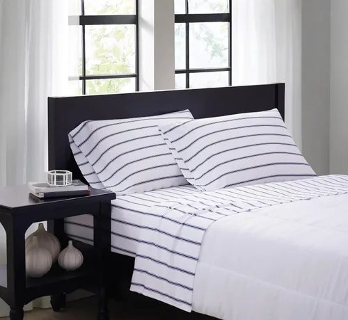 Truly Soft Everyday Queen - Juego de sábanas de microfibra + fundas de almohada, colección Ticking Stripe, color blanco y azul marino Azul
