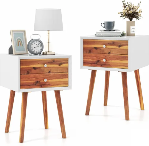 Miniatura 11 de GOFLAME Mesita de noche con 2 cajones, pequeña mesa auxiliar de madera, moderna de mediados de siglo con almacenamiento, mesa auxiliar compacta
