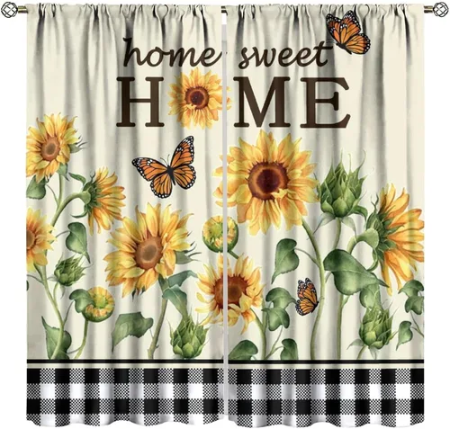 Miniatura 23 de Cortinas opacas con diseño de girasol, rústico, con diseño de girasol, mariposa, verde, amarillo, negro, para niñas, mujeres, dormitorio, sala