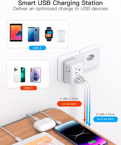 Miniatura 4 de Adaptador de enchufe de viaje para Suiza, adaptador de enchufe suizo con 3 tomacorrientes, 3 puertos de carga USB (1 USB C), adaptador de corriente