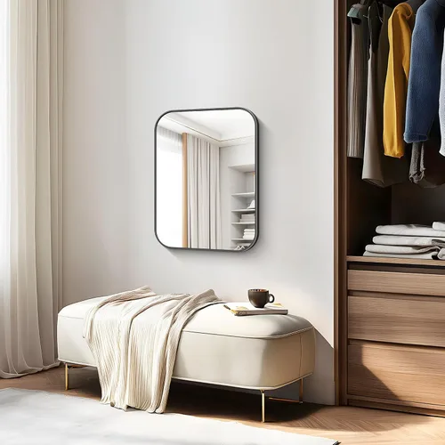 Miniatura 7 de Espejo de baño de 18 x 24 pulgadas con marco de metal negro rectangular, espejo de tocador rectangular de esquinas redondeadas, espejo de pared