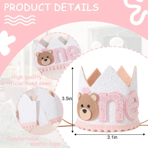 Miniatura 3 de Corona de oso de peluche de primer cumpleaños para niñas, sombrero de oso pequeño, decoración de una campista feliz
