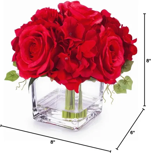 Miniatura 4 de Arreglos de flores artificiales de seda de rosas y hortensias en jarrón de cristal para boda en casa (crema)