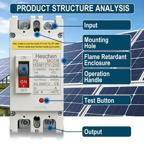 Miniatura 7 de Heschen Disyuntor de caja moldeada CC MCCB, HSM1PV-250, 2 polos, disyuntor fotovoltaico DC550V, para sistema solar fotovoltaico Sistema de red