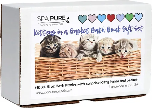 Spa Pure Gatitos en cesta: 6 adorables gatitos escondidos dentro de cada bomba de baño colorida, XL 5 oz cada uno (6 unidades) paquete de 1,