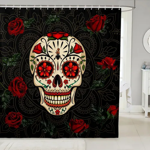 Miniatura 9 de Cortina de ducha con diseño de calavera de azúcar para niños y niñas, cortina de baño con rosas y rosas, decoración de habitación femenina