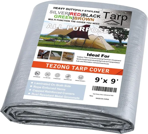 Miniatura 24 de Lonas resistentes impermeables de 4 x 5 pies, paquete de 2 lonas TEZONG negras de 0.472 in. de lona de plástico para exteriores para lluvia