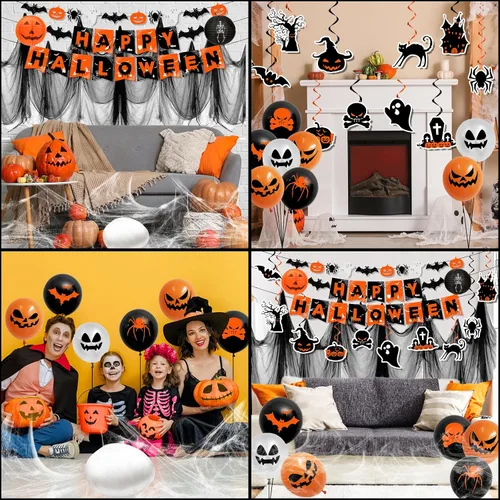 Miniatura 5 de Decoraciones de Halloween, decoraciones de fiesta de Halloween naranja y negro, remolinos colgantes, pancarta de araña de fantasma y murciélago