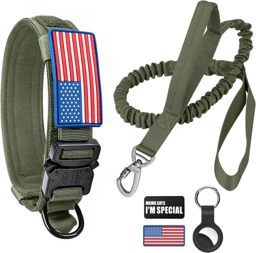 Miniatura 9 de Collar táctico militar para perro, nailon ajustable, hebilla de metal resistente con asa para entrenamiento, parches (verde, XL)