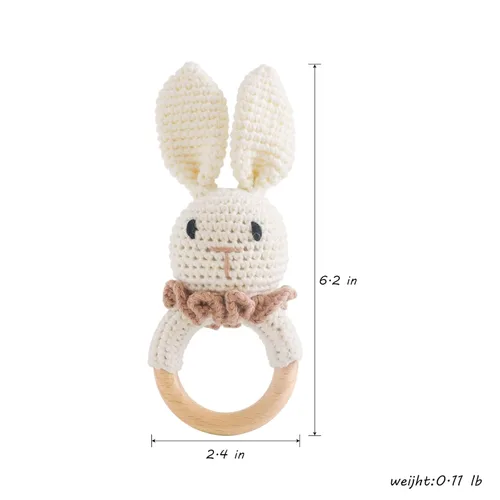 Miniatura 5 de Sonajero de madera para bebé,Sonajero de conejo de ganchillo con anillo de madera, Juguete de sonajero de animales de madera para recién Conejito-1