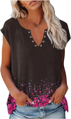 Ceboyel Camiseta casual bohemia floral para mujer, blusas de manga corta, cuello en V, camisetas ajustadas, camisetas para salir, ropa de moda 2023
