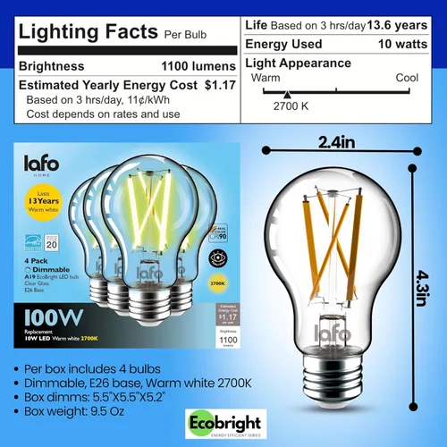 Miniatura 11 de EcoBright - Paquete de 4 bombillas de filamento LED A19 regulables, 10 W, equivalente a 100 W, 1100 lúmenes, blanco cálido, 2700 K, base E26, CRI90