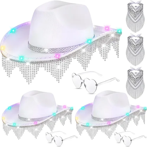 Sombrero de vaquera con diamantes de imitación, sombrero de vaquero con flecos, sombrero occidental con purpurina para hombres y mujeres, disfraz de