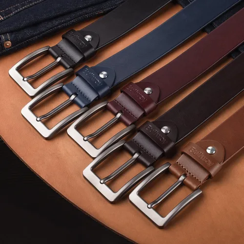 Miniatura 7 de Cinturón Buffway de piel italiana, resistente, cinturones de vestir con hebilla clásica, resistente, informal, para hombre