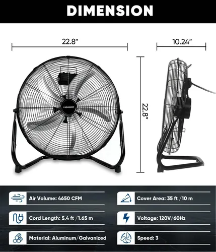 Miniatura 3 de KEN BROWN Ventilador de piso de alta velocidad de 20 pulgadas, ventilador de caja de 5 cuchillas de aluminio con 3 velocidades, 4650 CFM