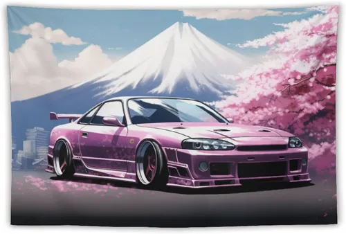 FeoYoed Jdm Car R33 - Tapiz para colgar en la pared, arte de pared para dormitorio, sala de estar, monte japonés, Fuji, flor de cerezo rosa, 40 x 60