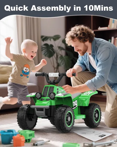 Miniatura 4 de ANPABO - Cuatrimoto eléctrica para paseo de 6V 7AH para niños, de 4 ruedas para niños pequeños con faro, marcha adelante y atrás, claxon, Verde