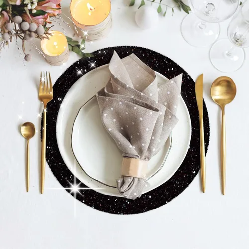 Miniatura 2 de Juego de 4 manteles individuales negros de cuero brillante con purpurina de 15.4 pulgadas para decoración de fiestas, bodas, día de Acción