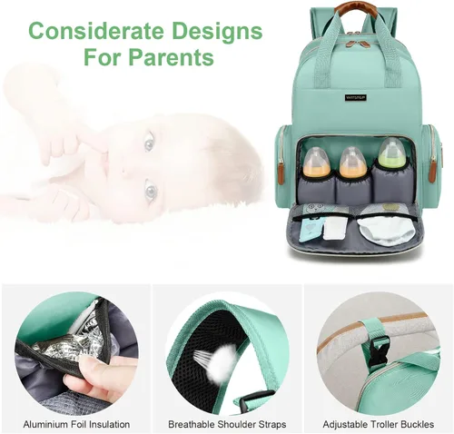 Miniatura 3 de Mochila para pañales con cambiador, organizador de bolsas de pañales para mamás, papás, bolsas cambiadoras grandes para bebés Verde claro