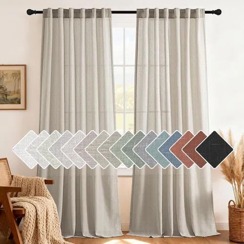 Miniatura 29 de H.VERSAILTEX Cortinas de lino natural de 63 pulgadas de largo para sala de estar, 2 paneles con trabillas traseras y bolsillo, texturizadas