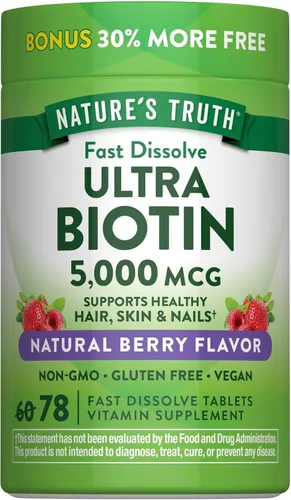 Nature's Truth Biotin 5000mcg | 78 tabletas de disolución rápida | Sabor natural de bayas | Vegano, sin OMG y sin gluten
