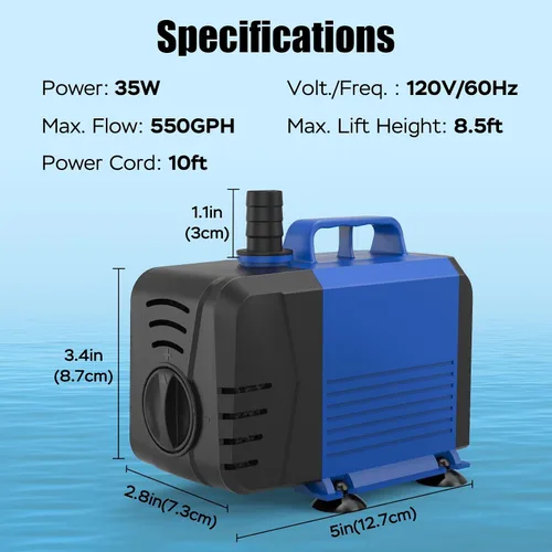 Miniatura 2 de Bomba sumergible de 550 GPH (2000 L/H, 35 W), bomba de fuente de agua con protección contra sobrecalentamiento, bomba de agua ultra silenciosa
