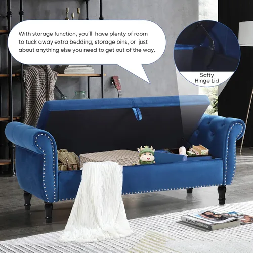 Miniatura 6 de Banco otomano de almacenamiento de terciopelo, banco de mediados de siglo con almohada de almacenamiento y lanzamiento, banco de almacenamiento