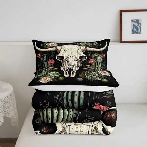 Miniatura 5 de Erosebridal Juego de ropa de cama de calavera de vaca bohemia tamaño individual para vaquero occidental, diseño de cactus y esqueletos negros, juego