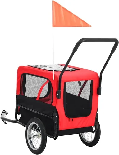 Miniatura 4 de Remolque de bicicleta para mascotas 2 en 1 y cochecito para perros pequeños, diseño rojo/negro con ruedas giratorias 360, tela Oxford duradera, base
