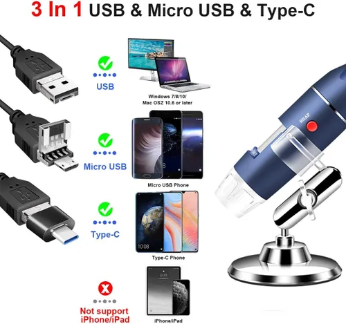 Miniatura 2 de Cámara de microscopio USB HD de 2 MP para Android, Windows, Linux Mac, 40X a 1000X digital con soporte y estuche de transporte, moneda portátil